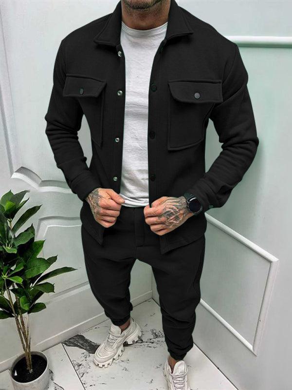 Men's long-sleeved trousers single-breasted jacket solid color slim two-piece set - 808Lush