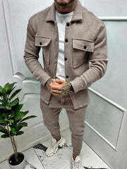 Men's long-sleeved trousers single-breasted jacket solid color slim two-piece set - 808Lush