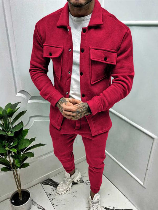 Men's long-sleeved trousers single-breasted jacket solid color slim two-piece set - 808Lush