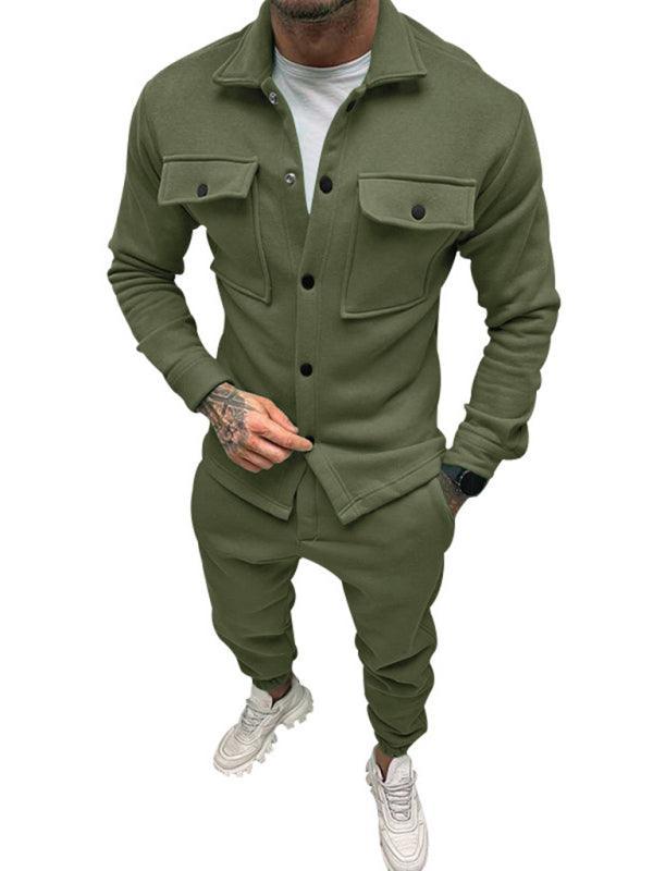 Men's long-sleeved trousers single-breasted jacket solid color slim two-piece set - 808Lush