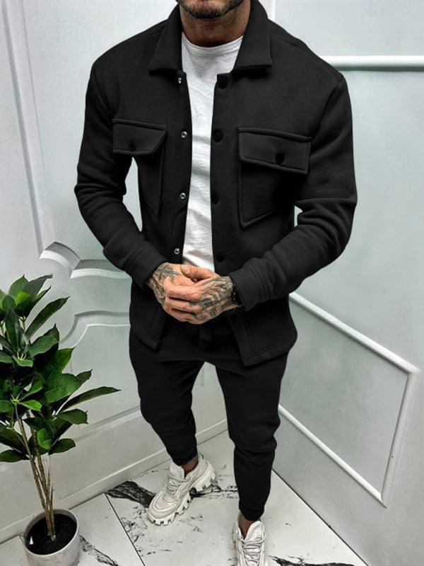 Men's long-sleeved trousers single-breasted jacket solid color slim two-piece set - 808Lush