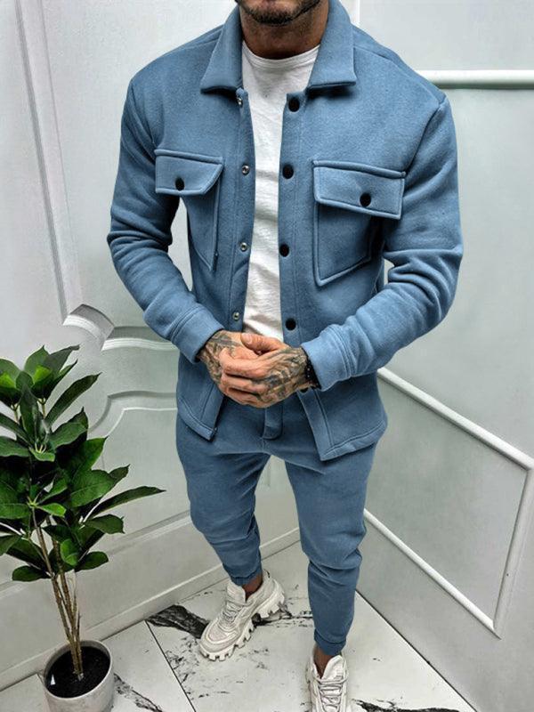 Men's long-sleeved trousers single-breasted jacket solid color slim two-piece set - 808Lush