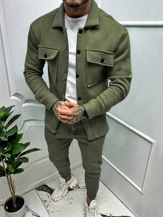 Men's long-sleeved trousers single-breasted jacket solid color slim two-piece set - 808Lush