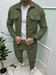 Men's long-sleeved trousers single-breasted jacket solid color slim two-piece set - 808Lush