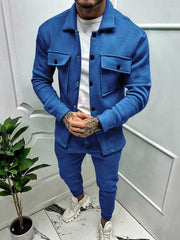 Men's long-sleeved trousers single-breasted jacket solid color slim two-piece set - 808Lush