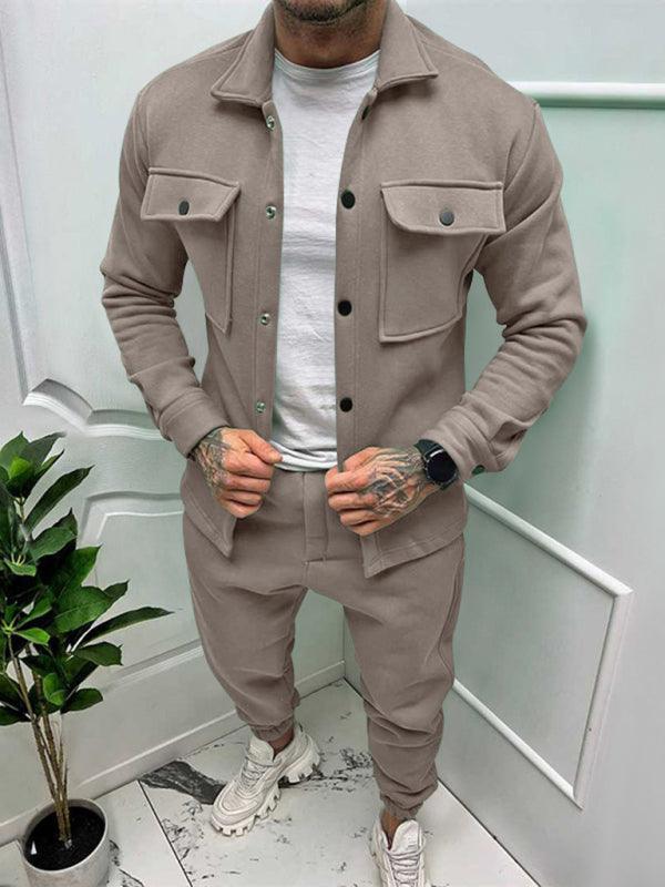 Men's long-sleeved trousers single-breasted jacket solid color slim two-piece set - 808Lush