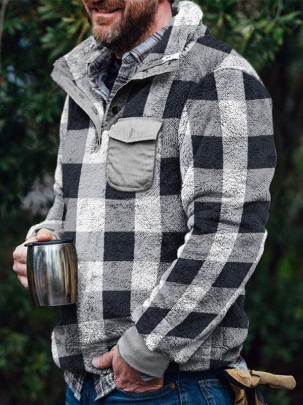 Men's plaid print plush long-sleeved sweatshirt - 808Lush