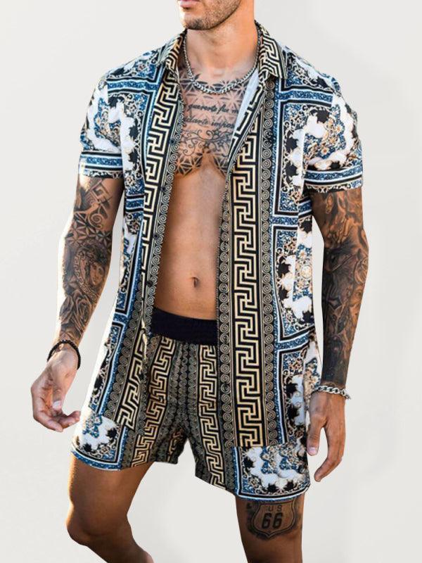 Men's printed lapel short-sleeved shirt + shorts casual suit - 808Lush