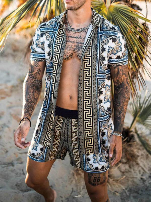 Men's printed lapel short-sleeved shirt + shorts casual suit - 808Lush