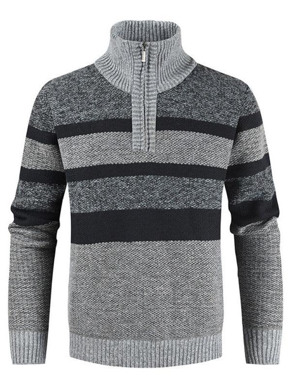 Men's pullover stand collar knitted casual colorblock long-sleeved sweater - 808Lush