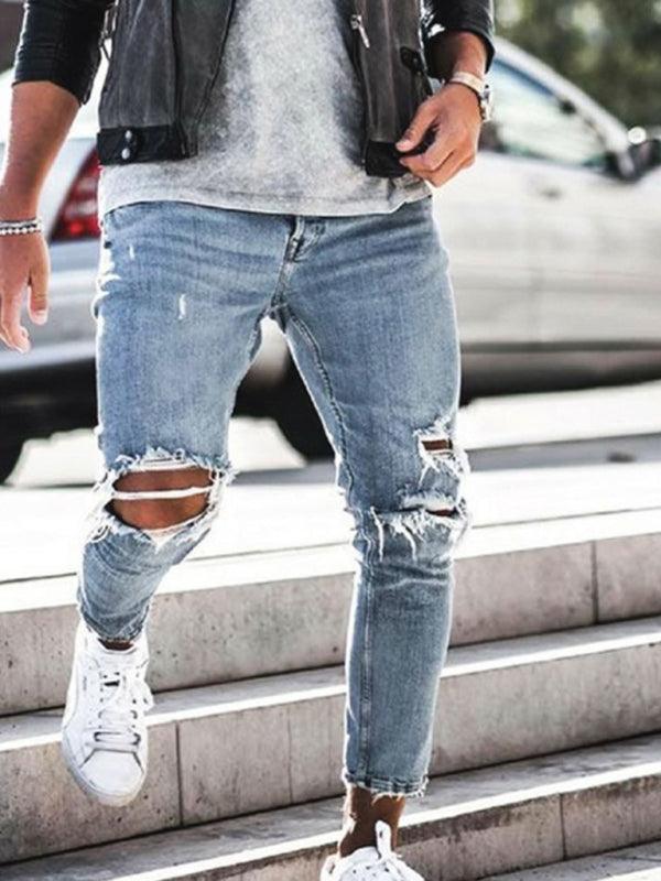 Men's solid casual ripped pencil jeans - 808Lush