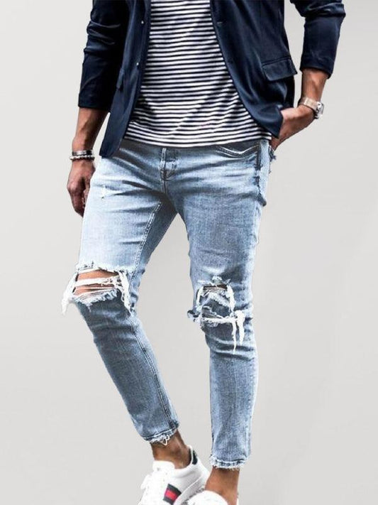 Men's solid casual ripped pencil jeans - 808Lush