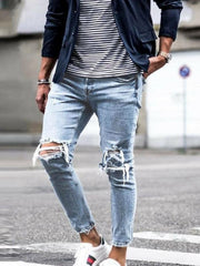 Men's solid casual ripped pencil jeans - 808Lush