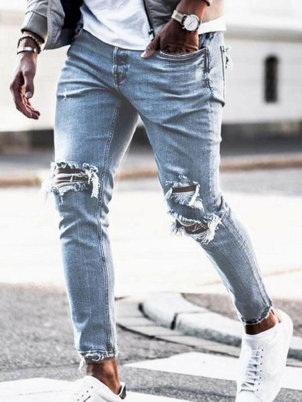 Men's solid casual ripped pencil jeans - 808Lush