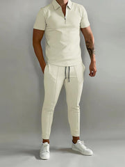 Men's solid color lapel short-sleeved POLO shirt + trousers two-piece suit - 808Lush