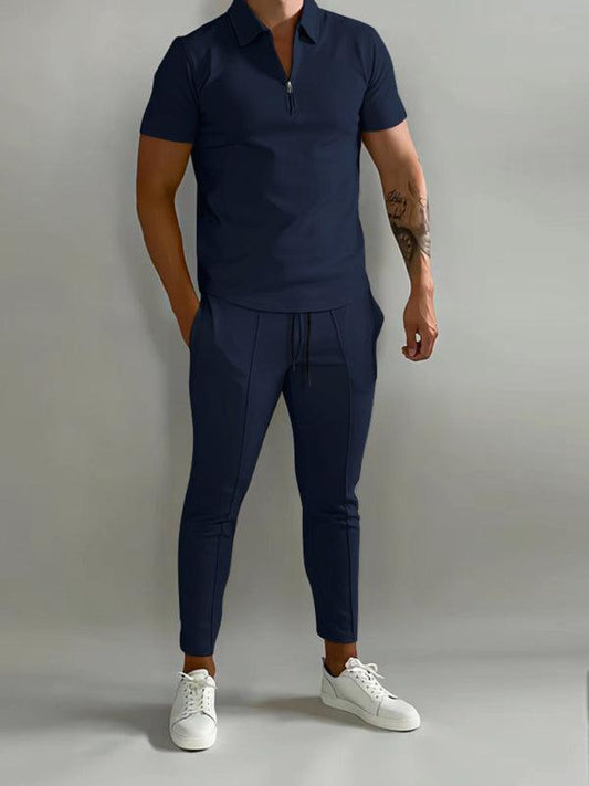 Men's solid color lapel short-sleeved POLO shirt + trousers two-piece suit - 808Lush