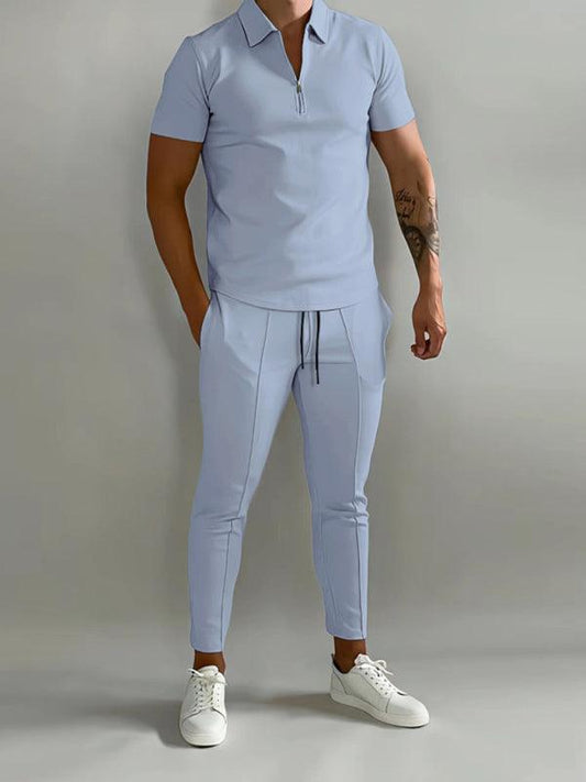 Men's solid color lapel short-sleeved POLO shirt + trousers two-piece suit - 808Lush