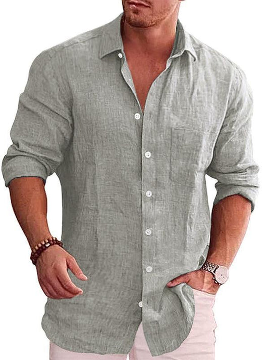 Men's solid color shirt linen lapel long sleeve casual shirt - 808Lush