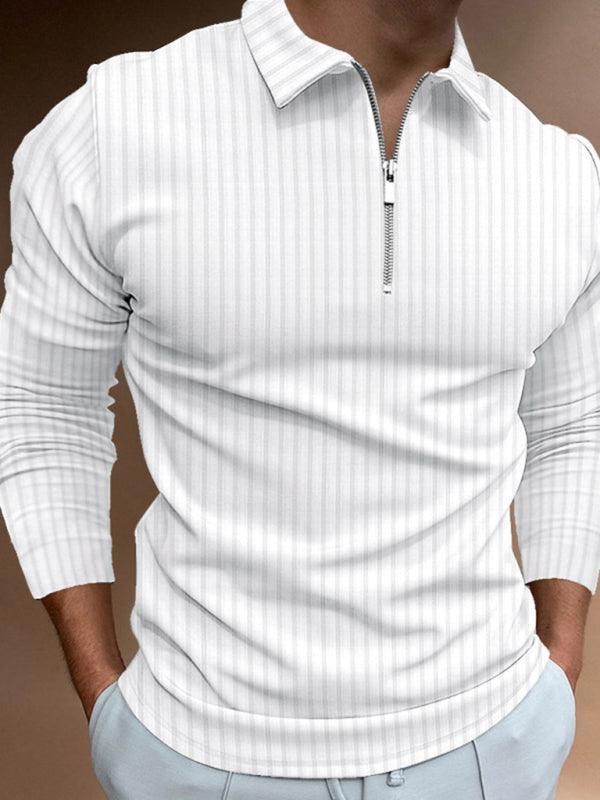 Men's solid color zipper striped long-sleeved POLO shirt - 808Lush