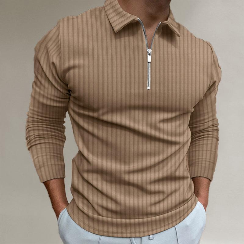 Men's solid color zipper striped long-sleeved POLO shirt - 808Lush