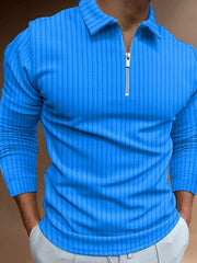 Men's solid color zipper striped long-sleeved POLO shirt - 808Lush