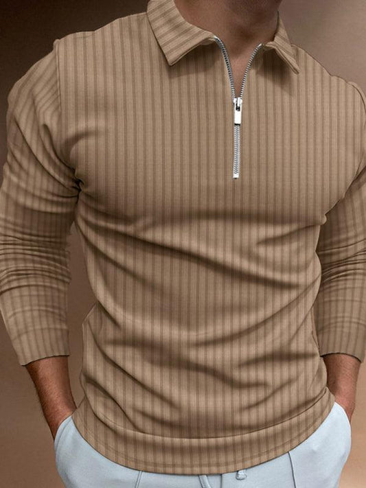 Men's solid color zipper striped long-sleeved POLO shirt - 808Lush