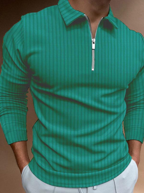 Men's solid color zipper striped long-sleeved POLO shirt - 808Lush