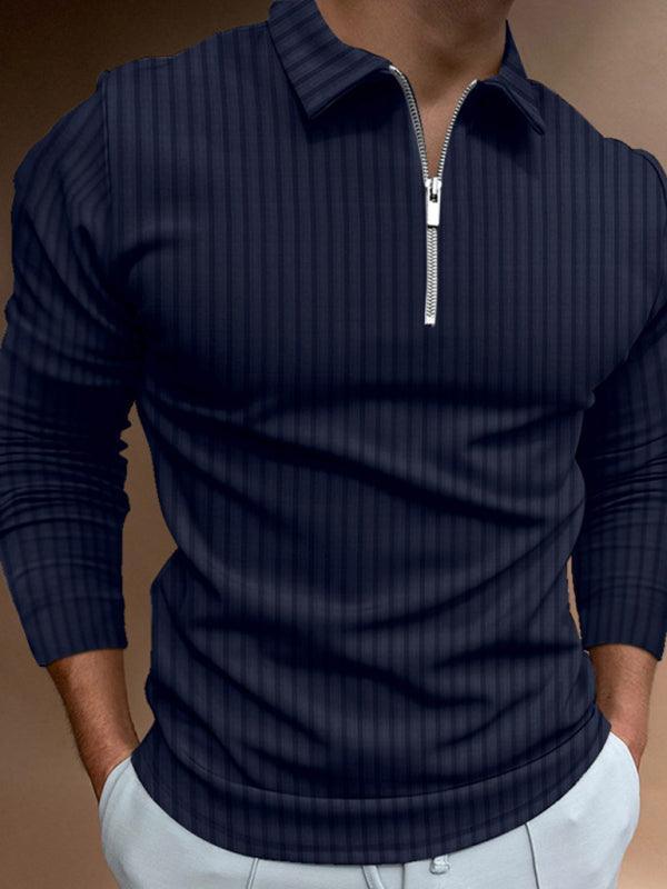 Men's solid color zipper striped long-sleeved POLO shirt - 808Lush