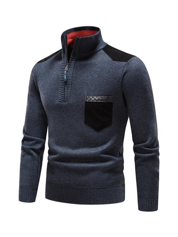 Men's stand-up collar thickened patchwork half-zip lapel sweater pullover sweater - 808Lush