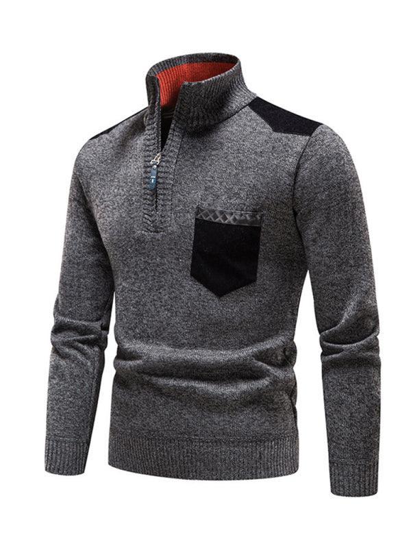 Men's stand-up collar thickened patchwork half-zip lapel sweater pullover sweater - 808Lush