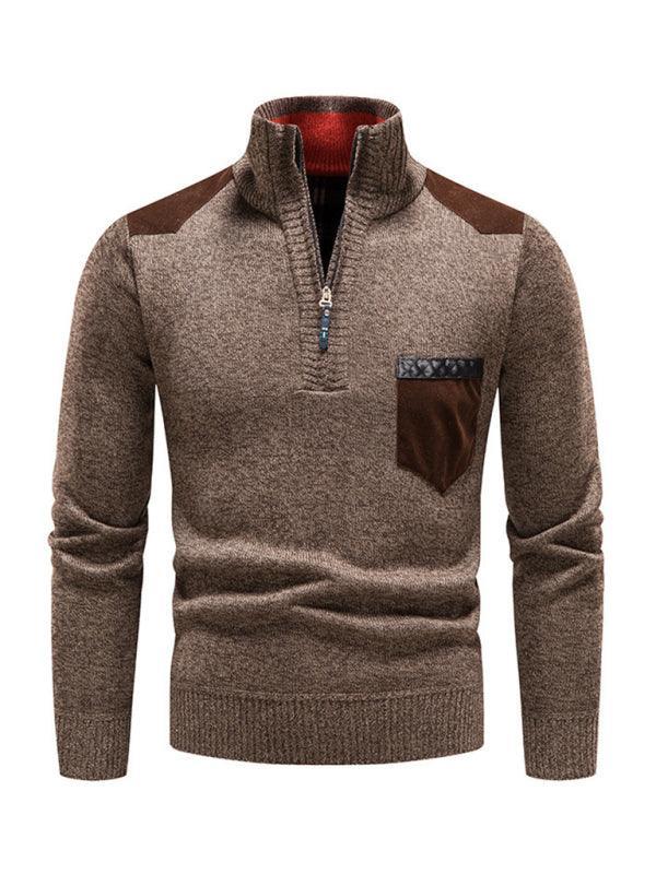 Men's stand-up collar thickened patchwork half-zip lapel sweater pullover sweater - 808Lush