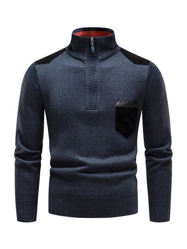 Men's stand-up collar thickened patchwork half-zip lapel sweater pullover sweater - 808Lush