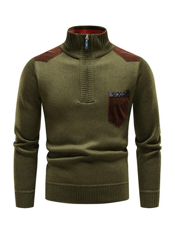 Men's stand-up collar thickened patchwork half-zip lapel sweater pullover sweater - 808Lush