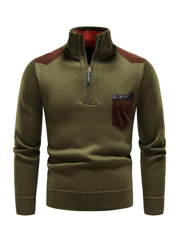 Men's stand-up collar thickened patchwork half-zip lapel sweater pullover sweater - 808Lush