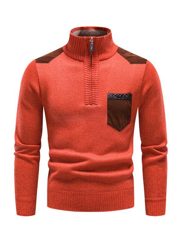 Men's stand-up collar thickened patchwork half-zip lapel sweater pullover sweater - 808Lush