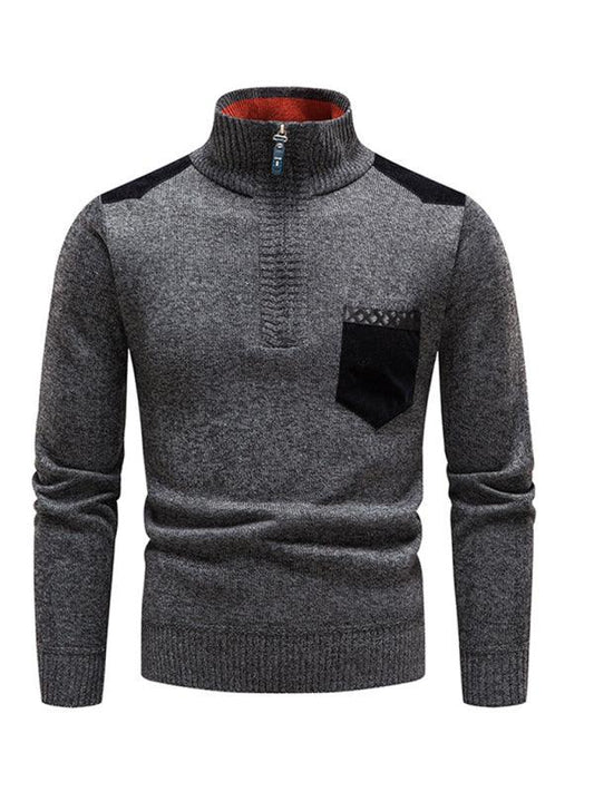 Men's stand-up collar thickened patchwork half-zip lapel sweater pullover sweater - 808Lush