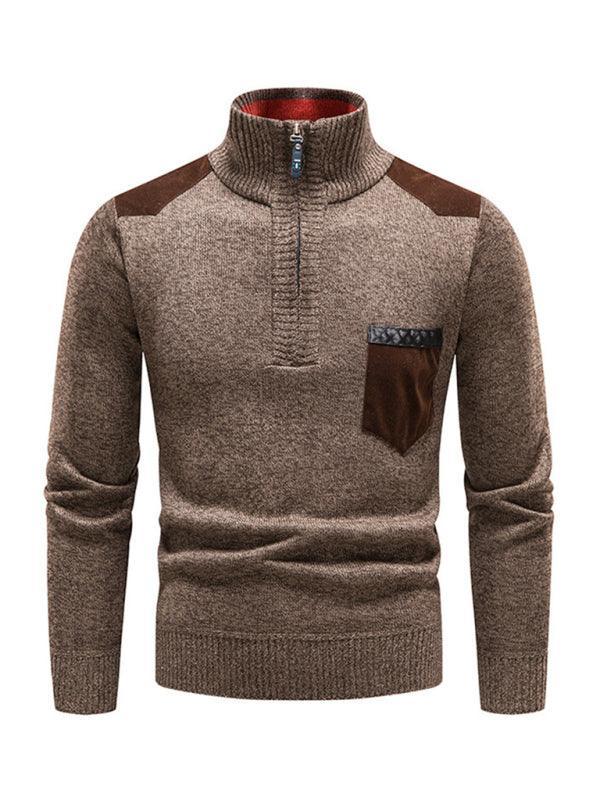 Men's stand-up collar thickened patchwork half-zip lapel sweater pullover sweater - 808Lush