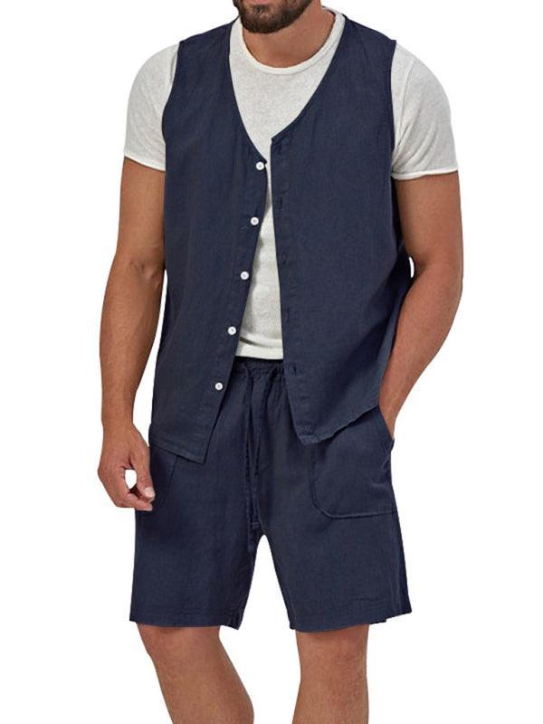 Men's two-piece vest shorts casual sleeveless cardigan suit - 808Lush