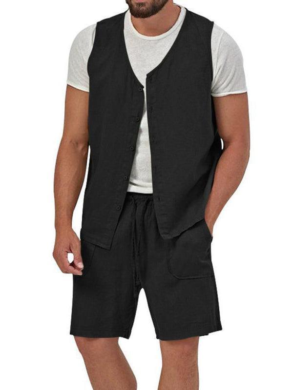 Men's two-piece vest shorts casual sleeveless cardigan suit - 808Lush