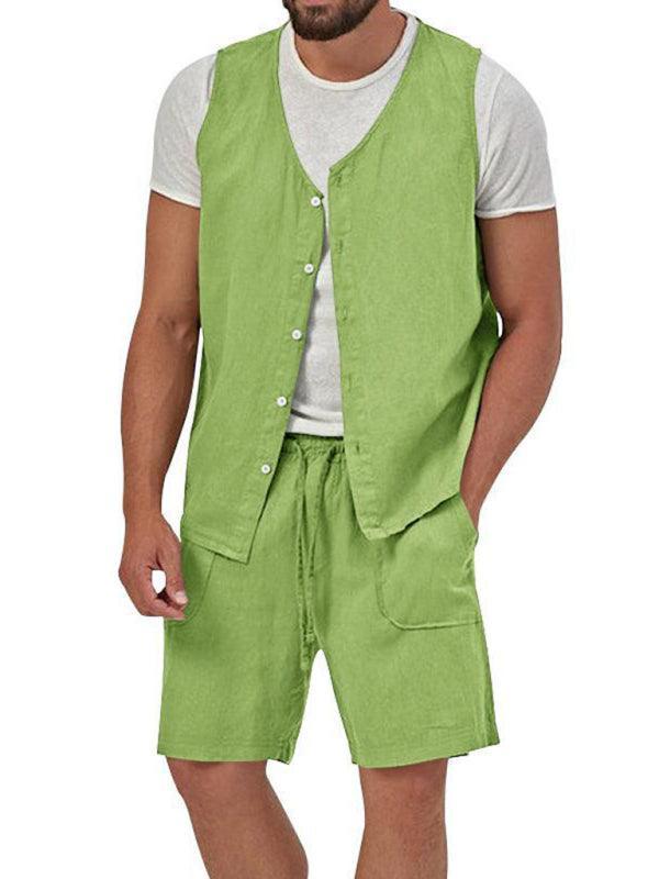 Men's two-piece vest shorts casual sleeveless cardigan suit - 808Lush