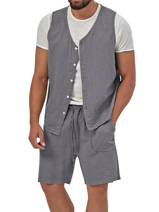 Men's two-piece vest shorts casual sleeveless cardigan suit - 808Lush