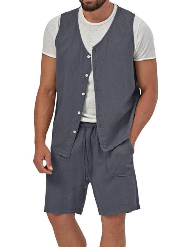 Men's two-piece vest shorts casual sleeveless cardigan suit - 808Lush