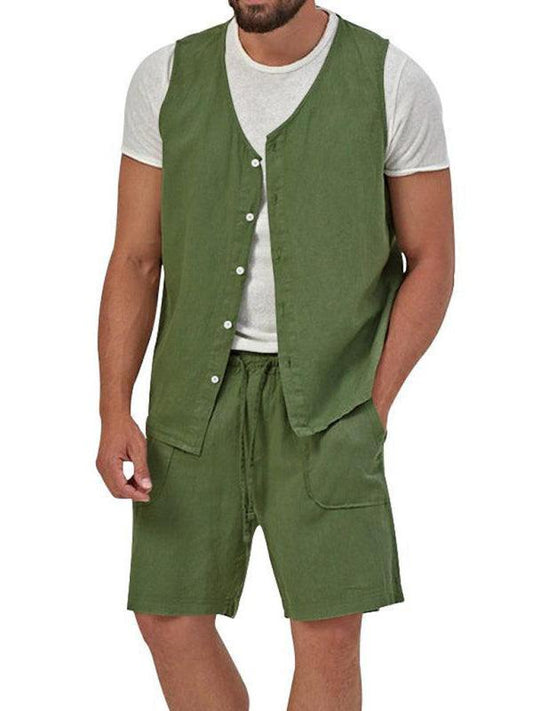 Men's two-piece vest shorts casual sleeveless cardigan suit - 808Lush