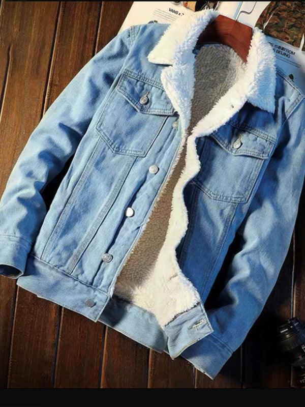 Men's warm sherpa button lapel denim jacket - 808Lush