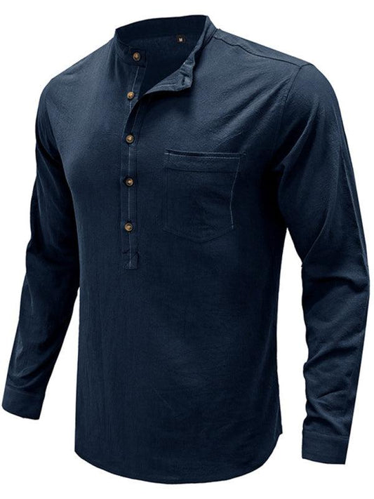 Men's woven solid color long-sleeved cotton and linen shirt - 808Lush