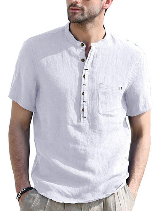 Men's woven solid color short-sleeved cotton and linen shirt - 808Lush