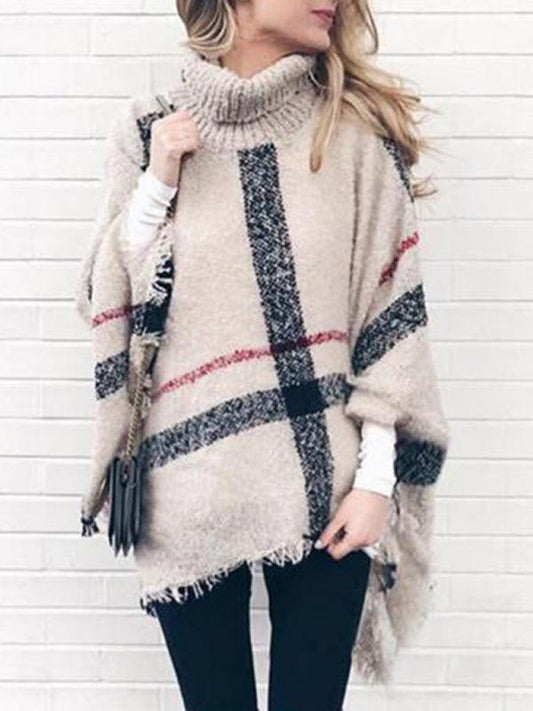 Mid-length high collar tassel cape loose knitted sweater - 808Lush