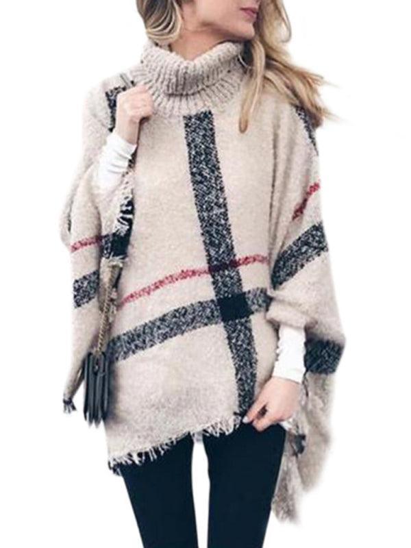 Mid-length high collar tassel cape loose knitted sweater - 808Lush