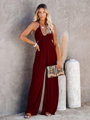 Midsummer street trendy ladies solid color U-neck suspenders backless jumpsuit wide-leg casual pants - 808Lush