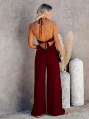 Midsummer street trendy ladies solid color U-neck suspenders backless jumpsuit wide-leg casual pants - 808Lush